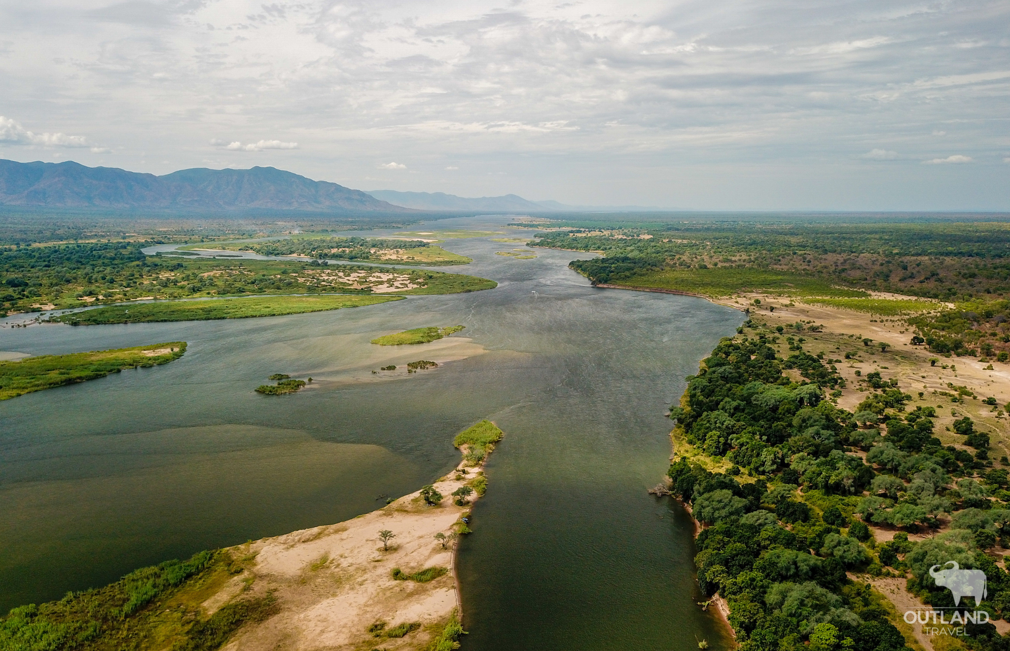 Aerial view of the lower zambezi river in Zambia - Outland Travel