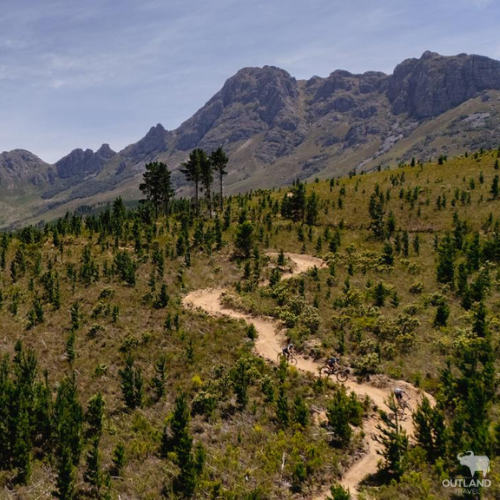 Cycling riding down single track and berms in the Western Cape MTB - Outland Travel